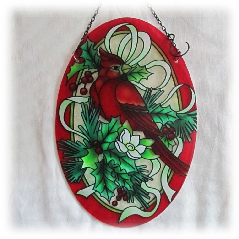 Holiday Time Red Cardinal & Holly Berries Suncatcher or Christmas Wall Plaque